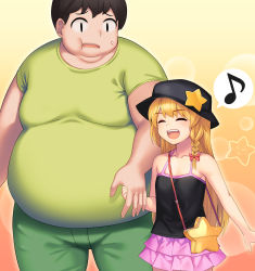 Rule 34 | 1boy, 1girl, bag, black hat, blonde hair, blush, bow, braid, closed eyes, collarbone, cookie (touhou), facing another, fat, fat man, flat chest, hair bow, hand grab, handbag, hat, height difference, highres, long hair, looking at viewer, musical note, open mouth, pink skirt, red bow, short hair, skirt, smile, spoken musical note, star (symbol), suzu (cookie), suzuki (cookie), tarmo, touhou