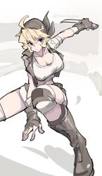 Rule 34 | 1girl, bandana, blonde hair, boots, breasts, brown eyes, brown footwear, brown gloves, brown shorts, brown vest, cleavage, commentary request, fingerless gloves, gloves, green bandana, highres, holding, holding knife, huanxiang huifeng, kasamoto eri, knife, large breasts, metal slug, midriff, navel, open clothes, open vest, shirt, short hair, shorts, snk, tank top, vest, white shirt, white tank top