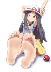 Rule 34 | 1girl, arm up, armpits, bag, barefoot, black hair, brown eyes, closed mouth, collarbone, creatures (company), feet, foot focus, game freak, hat, leaf (pokemon), long hair, looking at viewer, nintendo, nush advance, one eye closed, poke ball, poke ball (basic), pokemon, pokemon frlg, shoulder bag, simple background, sleeveless, soles, stretching, toes, white background, white headwear