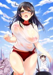 Rule 34 | 10s, 1boy, 1girl, admiral (kancolle), ahoge, arm up, black eyes, black hair, black socks, blush, bouncing breasts, breasts, brown hair, bulge, buruma, erection, erection under clothes, gen (black factory), gym uniform, hat, highres, kantai collection, kneehighs, lactation, lactation through clothes, large breasts, long hair, military, military uniform, naval uniform, nipples, no bra, open mouth, peaked cap, rope, running, saliva, see-through, shinai, short hair, socks, sweat, sword, tire, unaligned breasts, uniform, ushio (kancolle), weapon, wet, wet clothes