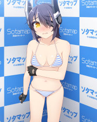 Rule 34 | 10s, 1girl, bad id, bad pixiv id, bikini, blush, breasts, embarrassed, eyepatch, fingerless gloves, gloves, headgear, kantai collection, looking at viewer, medium breasts, navel, personification, purple hair, short hair, sofmap, sofmap background, solo, step and repeat, striped bikini, striped clothes, swimsuit, tenryuu (kancolle), totokichi, wavy mouth, yellow eyes