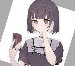 Rule 34 | 1girl, bad id, bad twitter id, black shirt, blunt bangs, blush, bob cut, brown eyes, brown hair, cellphone, chromatic aberration, closed mouth, commentary request, cross, ear piercing, eyebrows hidden by hair, hand on own face, hands up, highres, holding, holding phone, latin cross, nail art, nail polish, original, phone, piercing, pink nails, puffy short sleeves, puffy sleeves, shirt, short hair, short sleeves, solo, tsuruse, upper body