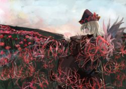Rule 34 | 1girl, bad id, bad twitter id, black dress, blonde hair, bow, capelet, dress, fairy, fairy wings, field, flower, flower field, hat, hat bow, ichiba youichi, lily black, lily white, long hair, long sleeves, nature, profile, sky, smile, solo, spider lily, touhou, wide sleeves, wings