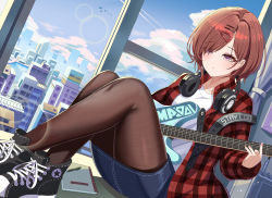 Rule 34 | 1girl, absurdres, black footwear, black pantyhose, blue skirt, blush, brown hair, closed mouth, commentary, english commentary, guitar, hair ornament, hairclip, headphones, high tops, highres, higuchi madoka, idolmaster, idolmaster shiny colors, indoors, instrument, knees up, legs, mole, mole under eye, pantyhose, purple eyes, shirt, shoes, short hair, sitting, skirt, sneakers, solo, sylph kim, white shirt