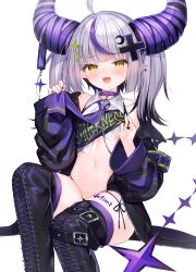 Rule 34 | 1girl, absurdres, ahoge, black footwear, black jacket, black nails, black panties, blush, body writing, boots, chain, choker, commentary, crescent, crescent hair ornament, cropped shirt, cross hair ornament, demon girl, demon horns, ear piercing, english commentary, flame print, grey hair, hair ornament, highres, holding necktie, hololive, horns, jacket, la+ darknesss, la+ darknesss (3rd costume), long sleeves, looking at viewer, medium hair, multicolored hair, navel, necktie, off shoulder, official alternate costume, open mouth, panties, piercing, pointy ears, purple choker, purple hair, purple necktie, shirt, shouu-kun, sidelocks, simple background, sleeveless, sleeveless shirt, smile, solo, sparkle hair ornament, stomach, streaked hair, striped horns, sweat, thigh boots, thighs, twintails, underwear, virtual youtuber, white background, white shirt, yellow eyes