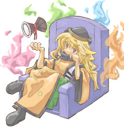 Rule 34 | 1girl, black footwear, black hat, blonde hair, blue fire, boots, brown eyes, closed mouth, colored eyelashes, commentary request, detached sleeves, drum, fire, green fire, green skirt, hat, instrument, long hair, matara okina, midair, on chair, orange sleeves, orange tabard, pink fire, sitting, skirt, solo, tabard, touhou, white background, wide sleeves, yamasina009