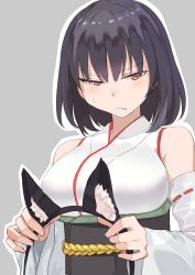 Rule 34 | 1girl, animal ears, black hair, cat ears, detached sleeves, fake animal ears, grey background, highres, kantai collection, looking at viewer, masukuza j, nontraditional miko, parted lips, red eyes, short hair, simple background, solo, upper body, wide sleeves, yamashiro (kancolle)