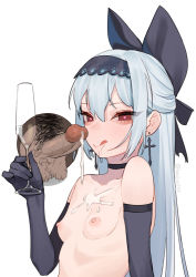 Rule 34 | 1boy, 1girl, :p, after fellatio, beijuu, black gloves, blue hair, bow, breasts, choker, cum, cum on body, cum on breasts, cum on upper body, cumdrip, earrings, elbow gloves, facial, girls&#039; frontline, glory hole, gloves, hair bow, hairband, jewelry, long hair, medium breasts, nipples, penis, pubic hair, red eyes, simple background, solo focus, testicles, tokarev (girls&#039; frontline), tokarev (griffin&#039;s dancer) (girls&#039; frontline), tongue, tongue out, uncensored, white background