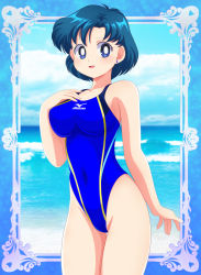 Rule 34 | 1girl, beach, bishoujo senshi sailor moon, blue eyes, blue one-piece swimsuit, blue sky, breasts, cloud, commentary request, competition swimsuit, covered navel, cowboy shot, hand on own chest, highleg, highleg swimsuit, highres, horizon, large breasts, looking at viewer, mizuno (brand), mizuno ami, multicolored clothes, multicolored swimsuit, name connection, object namesake, ocean, one-piece swimsuit, pirochi, short hair, sky, smile, solo, swimsuit