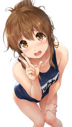 Rule 34 | 1girl, blue one-piece swimsuit, blush, breasts, brown hair, collarbone, covered navel, cowboy shot, folded ponytail, highres, inazuma (kancolle), kantai collection, looking at viewer, medium breasts, name tag, old school swimsuit, one-piece swimsuit, open mouth, school swimsuit, shinozuka jouji, smile, solo, swimsuit, v, w, white background