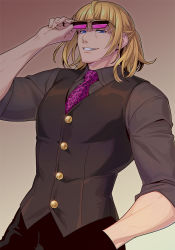 Rule 34 | 1boy, black shirt, blonde hair, commentary, fate/grand order, fate (series), holding, long hair, long sleeves, necktie, open mouth, patterned clothing, pink necktie, sakata kintoki (fate), sakata kintoki (formal dress) (fate), shirt, smile, solo, sunglasses, waistcoat, zanshi