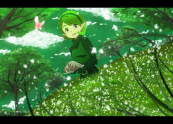 Rule 34 | 1girl, blue eyes, blurry, day, depth of field, green hair, green theme, hairband, instrument, letterboxed, nintendo, ocarina, outdoors, pointy ears, saria (zelda), short hair, smile, solo, the legend of zelda, the legend of zelda: ocarina of time