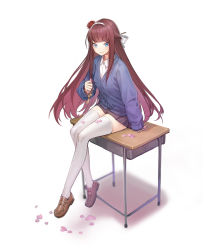 Rule 34 | 1girl, absurdres, aqua eyes, cardigan, closed mouth, collared shirt, controlline3, counter:side, desk, flower, hair flower, hair ornament, hair ribbon, hair stick, hairband, hand up, highres, holding, loafers, long hair, looking at viewer, nanahara chinatsu, on desk, petals, red hair, ribbon, school desk, school uniform, shirt, shoes, sidelocks, simple background, sitting, smile, solo, thighhighs, white background, white thighhighs