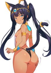 Rule 34 | 1girl, :q, animal ears, ass, blue eyes, breasts, cat ears, cat tail, dark-skinned female, dark skin, egyptian clothes, from behind, highres, kamidan, looking at viewer, original, sideboob, simple background, small breasts, solo, tail, tongue, tongue out, twintails, white background