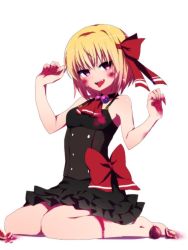 Rule 34 | 1girl, alternate costume, ascot, bad id, bad twitter id, barefoot, black dress, blonde hair, breasts, corset, dress, fingernails, food, frilled dress, frills, fruit, hair ribbon, hands up, legs, nail polish, pomegranate, purple nails, ribbon, rumia, sharp fingernails, short dress, short hair, simple background, sitting, small breasts, solo, stained clothes, tongue, tongue out, touhou, wariza, white background, you (noanoamoemoe)