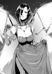 Rule 34 | 1girl, antennae, arthropod girl, breasts, carapace, cleavage, clothes lift, dress, extra arms, greyscale, highres, insect girl, insect wings, jewelry, large breasts, looking at viewer, monochrome, monster girl, moth girl, nakamura regura, necklace, original, parted lips, short hair, skirt, skirt lift, smile, solo, wings