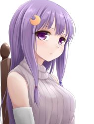 Rule 34 | 1girl, alternate costume, chair, crescent, crescent hair ornament, hair ornament, long hair, looking at viewer, patchouli knowledge, purple eyes, purple hair, simple background, sleeveless, solo, sweater, tokugawa landine, touhou, turtleneck, upper body, white background