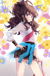 Rule 34 | 1girl, absurdres, alternate costume, aqua eyes, black skirt, blush, bracelet, brown hair, closed mouth, clothes around waist, collared shirt, commentary request, creatures (company), earrings, flower, game freak, glint, hand on own hip, highres, hilda (pokemon), holding, huge filesize, ichijo rei, jewelry, long hair, looking at viewer, nail polish, necktie, nintendo, pink nails, pink necktie, pleated skirt, pokemon, pokemon bw, shirt, skirt, sleeves rolled up, solo, white shirt, wristband