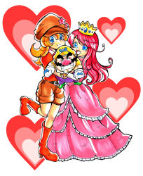 Rule 34 | 2girls, blue eyes, boots, bracelet, cabbie hat, character doll, clenched teeth, crown, doll, dress, elbow gloves, facial hair, gloves, gown, happy, hat, heart, jewelry, long hair, mario (series), mona (warioware), multiple girls, mustache, nintendo, omu (sinsindan), orange hair, pink dress, pink hair, princess, princess shokora, red hair, shorts, simple background, smile, teeth, wario, wario land, wario land 4, warioware, white background