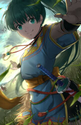 Rule 34 | 1girl, aged down, animal, bird, blue dress, closed mouth, cloud, commentary request, delsaber, dress, fire emblem, fire emblem: the blazing blade, fire emblem heroes, gold trim, grass, green eyes, green hair, highres, horse, jewelry, long hair, looking at viewer, lyn (fire emblem), necklace, nintendo, official alternate costume, outdoors, ponytail, short sleeves, sky, smile, sunlight, sword, very long hair, weapon