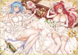 Rule 34 | 10s, 2girls, ahoge, alcohol, aqua hair, bare shoulders, blue hair, blush, bottle, bouquet, breasts, bridal veil, bride, bursting breasts, cleavage, collar, collarbone, detached sleeves, dot nose, dress, earrings, female focus, flower, frilled legwear, garter straps, gloves, hair between eyes, high heels, highres, holding, holding bouquet, jewelry, large breasts, light blue hair, lily (flower), long hair, looking at viewer, lying, matching hair/eyes, multiple girls, naruse mio, necklace, nonaka yuki, official art, on back, ookuma nekosuke, purple eyes, red eyes, red hair, ring, shinmai maou no testament, shiny clothes, shiny skin, short hair, smile, taut clothes, taut dress, thick thighs, thighhighs, thighs, tiara, two side up, veil, wedding band, wedding dress, white dress, white gloves, white legwear, wine, yellow eyes
