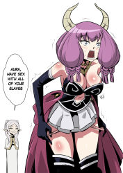 Rule 34 | 2girls, aura (sousou no frieren), aura bullying (meme), bare shoulders, black corset, black gloves, blue eyes, blush, boots, braid, breasts, capelet, cleavage, clothing cutout, corset, demon girl, demon horns, earrings, elbow gloves, elf, english text, frieren, gloves, gold necklace, highres, horns, imminent penetration, jewelry, kukuruyo, large breasts, long hair, low-braided long hair, low-tied long hair, multiple braids, multiple girls, navel, navel cutout, necklace, open mouth, panties, panty pull, pink hair, pleated skirt, pointy ears, pulling own clothes, simple background, skirt, smug, sousou no frieren, speech bubble, thigh boots, thighs, twin braids, twintails, underwear, white background, white capelet, white hair, white skirt
