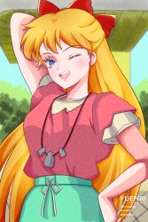 Rule 34 | 1girl, aino minako, bishoujo senshi sailor moon, blonde hair, blue eyes, bow, earrings, grin, hand on own hip, hand up, highres, jewelry, long hair, looking at viewer, model pose, one eye closed, open mouth, sailor venus, shorts, smile, solo, standing, tree, upper body, wink, yuenri