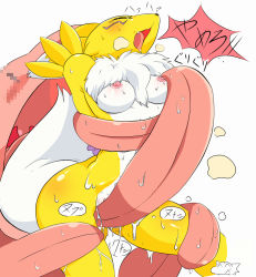 Rule 34 | 1boy, 1girl, animal ears, arms behind back, blush, breasts, censored, clitoris, closed eyes, creatures (company), crossover, cunnilingus, digimon, digimon (creature), drooling, fang, fox tail, furry, game freak, gen 1 pokemon, hetero, identity censor, legs apart, licking, lickitung, long tongue, medium breasts, mosaic censoring, nintendo, nipples, nude, open mouth, oral, ouka (kemono-tachi), partially visible vulva, pokemon, pokemon (creature), pokemon rgby, pussy, pussy peek, renamon, restrained, saliva, shiny skin, simple background, steam, tail, teeth, text focus, tongue, tongue out, translation request, uncensored, white background