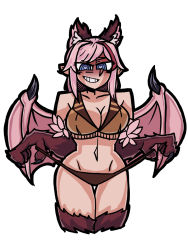 Rule 34 | 1girl, animal ear fluff, animal ears, animal hands, artist request, bat wings, blue eyes, breasts, claws, cleavage, heart, heart-shaped pupils, highres, large breasts, looking at viewer, manticore (monster girl encyclopedia), midriff, monster girl, monster girl encyclopedia, panties, pink hair, solo, symbol-shaped pupils, thighs, underwear, wings