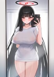 Rule 34 | 1girl, :o, absurdres, arm behind back, black hair, blue archive, blush, breasts, cellphone, collarbone, fingernails, full-length mirror, hair ornament, hairclip, halo, highres, holding, holding phone, huge breasts, long hair, looking at viewer, meme, mijikayo, mirror, nail polish, no bra, no pants, pajamas challenge (meme), phone, red eyes, reflection, rio (blue archive), selfie, shirt, solo, straight hair, very long hair, white shirt