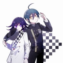 Rule 34 | 1202 koge, 2boys, ahoge, black jacket, black pants, blue hair, buttons, checkered background, checkered clothes, checkered scarf, closed mouth, danganronpa (series), danganronpa v3: killing harmony, gakuran, grin, hair between eyes, hat, unworn hat, unworn headwear, holding, holding clothes, holding hat, jacket, long sleeves, looking at another, looking at viewer, male focus, multiple boys, oma kokichi, pants, pinstripe pants, pinstripe pattern, purple eyes, purple hair, ringed eyes, saihara shuichi, scarf, school uniform, simple background, smile, striped, symbol-only commentary, vertical stripes, white background, yellow eyes