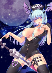 Rule 34 | 108 gou, 1girl, black thighhighs, blue hair, blush, breasts, breasts out, cleavage, full moon, hat, head wings, huge breasts, large syringe, long hair, looking at viewer, moon, morrigan aensland, night, nipples, no panties, nurse cap, oversized object, purple eyes, pussy juice, smile, solo, syringe, thighhighs, tongue, tongue out, vampire (game), wings