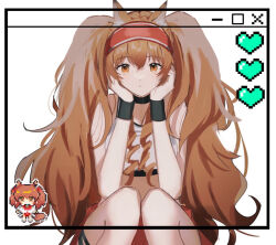 Rule 34 | 1girl, angelina (arknights), animal ear fluff, animal ears, arknights, bare shoulders, black choker, breasts, brown eyes, brown hair, chibi, chibi inset, choker, cleavage, feet out of frame, hair between eyes, hairband, heart, inu to milk, knees together feet apart, knees up, long hair, medium breasts, pixelated, red hairband, simple background, squatting, twintails, very long hair, white background, wrist cuffs