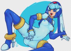 Rule 34 | 1girl, android, ass, blue eyes, blue footwear, blue hair, blue sleeves, blush, boots, breasts, clothes lift, detached sleeves, female masturbation, heart, heart-shaped pupils, highres, fairy leviathan (mega man), lying, masturbation, mega man (series), mega man zero (series), navel, nipples, on back, open mouth, pussy, pussy juice, rcake, red pupils, shirt lift, speed lines, spread legs, symbol-shaped pupils, thigh boots, tongue, tongue out