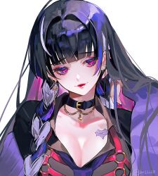 Rule 34 | 1girl, beni (bn12x20), black choker, black hair, black shirt, blunt bangs, braid, breast tattoo, breasts, chain, chain necklace, chest harness, choker, cleavage, collared shirt, colored inner hair, earrings, eyeshadow, harness, highres, jacket, jewelry, large breasts, lipstick, long hair, looking at viewer, makeup, meloco kyoran, multicolored hair, multiple earrings, multiple piercings, necklace, necktie, nijisanji, nijisanji en, parted lips, pink eyeshadow, purple eyes, purple hair, purple jacket, purple necktie, shirt, side braids, simple background, smile, solo, spider web tattoo, streaked hair, tattoo, twin braids, virtual youtuber, white background