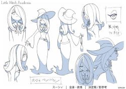Rule 34 | 10s, 1girl, character sheet, hair over one eye, hat, little witch academia, monochrome, official art, sucy manbavaran, translation request, witch, witch hat, yoshinari you
