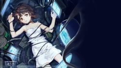 Rule 34 | 1990s (style), 1girl, brown eyes, brown hair, cable, computer, copyright name, dress, glitch, highres, indoors, iwakura lain, keyboard (computer), lying, monitor, on back, retro artstyle, ripples, serial experiments lain, short hair, solo, sundress, toto (vanilla), wallpaper, water