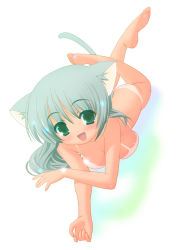 Rule 34 | 1girl, :d, animal ears, ass, barefoot, bikini tan, cat ears, cat girl, cat tail, completely nude, feet, green eyes, green hair, houmitsu, long hair, lying, matching hair/eyes, nude, on stomach, open mouth, original, smile, soles, solo, tail, tan, tanline, toes