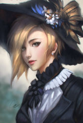Rule 34 | 1girl, alternate costume, blonde hair, bonnet, chaosringen, earrings, eyebrows, eyelashes, flower, green eyes, hat, hat flower, hat ribbon, highres, jewelry, lipstick, looking at viewer, makeup, making-of available, mercy (overwatch), nose, overwatch, overwatch 1, parted lips, portrait, realistic, red lips, ribbon, signature, solo, stud earrings, victorian