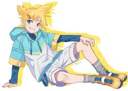 Rule 34 | 1boy, blonde hair, blue shirt, blue sweater, collared shirt, drawstring, drop shadow, green eyes, grey shirt, grin, hair ornament, hairclip, highres, hood, hooded sweater, kagamine len, long sleeves, looking at viewer, male focus, shirt, short hair, short ponytail, shorts, sitting, smile, solo, sweater, tetsu (teppei), vocaloid, white background, white shorts, yellow footwear