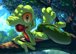 Rule 34 | blue eyes, blue sky, cloud, colored sclera, colored skin, creatures (company), dappled sunlight, day, feet up, full body, game freak, gen 3 pokemon, green skin, hand up, happy, head rest, in tree, karamimame, looking at viewer, lying, multicolored skin, nintendo, on stomach, open mouth, outdoors, pokemon, pokemon (creature), red skin, sky, smile, solo, sunlight, the pose, tree, treecko, two-tone skin, yellow sclera