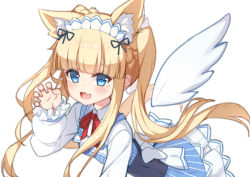 Rule 34 | 1girl, :d, animal ear fluff, animal ears, back bow, blonde hair, blue dress, blunt bangs, blush, bow, braid, claw pose, collared shirt, copyright request, detached wings, dress, fang, hand up, long hair, long sleeves, looking at viewer, maid headdress, open mouth, puffy long sleeves, puffy sleeves, shirt, sidelocks, simple background, smile, solo, striped clothes, striped dress, twintails, vertical-striped clothes, vertical-striped dress, very long hair, virtual youtuber, white background, white bow, white shirt, white wings, wings, yuxian youka
