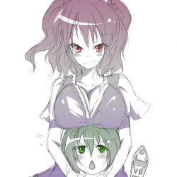 Rule 34 | &gt;:), &gt;:o, 2girls, :o, blush, breast envy, breast rest, breasts, breasts on head, cleavage, collarbone, female focus, green eyes, kotaka, large breasts, looking at viewer, multiple girls, multiple monochrome, onozuka komachi, red eyes, rod of remorse, shiki eiki, simple background, sketch, smile, touhou, v-shaped eyebrows, white background