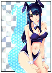 Rule 34 | 1girl, bare shoulders, blue hair, bow, bowtie, breasts, cleavage, clothing cutout, collarbone, commentary request, cowboy shot, cuffs, highres, large breasts, long hair, looking at viewer, navel, original, rabbit girl, red eyes, riochan, smile, solo, stomach cutout