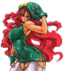 Rule 34 | 1girl, alternate costume, alternate skin color, bare shoulders, beret, blue eyes, breasts, china dress, chinese clothes, dress, gloves, green dress, green gloves, hat, highres, hong meiling, large breasts, ledjoker07, long hair, looking at viewer, muscular, muscular female, red hair, short dress, sketch, solo, standing, tan, tattoo, thighhighs, touhou, wavy hair, white thighhighs, zettai ryouiki