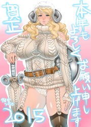 Rule 34 | 10s, 1girl, 2015, absurdres, aran sweater, bare shoulders, belt, black thighhighs, blonde hair, blue eyes, breasts, cable knit, cameltoe, cowboy shot, curvy, detached sleeves, dress, garter straps, hat, highres, horns, huge breasts, knight, lips, long hair, midou tsukasa, original, panties, planted, planted sword, planted weapon, puckered lips, sheep horns, shield, solo, sweater, sweater dress, sword, thick thighs, thighhighs, thighs, turtleneck, underwear, weapon, white panties