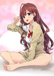 Rule 34 | 10s, 1girl, baffu, barefoot, blue eyes, blush, bow, bowtie, breasts, brown hair, chemical structure, collarbone, commentary request, earrings, feet, feet together, flask, hand on leg, highres, ichinose shiki, idolmaster, idolmaster cinderella girls, indian style, jacket, jewelry, legs, long hair, looking at viewer, looking to the side, medium breasts, open clothes, open jacket, open mouth, pink background, red bow, red bowtie, shirt, sitting, smile, solo, toes, wavy hair, white shirt