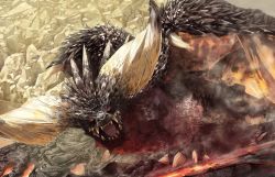 Rule 34 | claws, horns, looking at viewer, mabuta (byc0yqf4mabye5z), monster, monster hunter (series), monster hunter: world, nergigante, no humans, open mouth, red eyes, scales, sharp teeth, smoke, teeth, wings