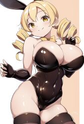 Rule 34 | 1girl, animal ears, black gloves, black thighhighs, blonde hair, blush, bow, bowtie, breasts, cleavage, commentary, covered navel, dot nose, drill hair, fake animal ears, fingerless gloves, gloves, head tilt, highres, large breasts, leotard, long hair, looking at viewer, mahou shoujo madoka magica, mahou shoujo madoka magica (anime), nagare (flow), playboy bunny, rabbit ears, simple background, smile, solo, swept bangs, thighhighs, tomoe mami, two-tone background, yellow bow, yellow bowtie, yellow eyes