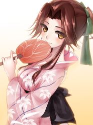 Rule 34 | 10s, 1girl, alternate hairstyle, bad id, bad pixiv id, brown eyes, brown hair, gradient background, hand fan, highres, japanese clothes, jintsuu (kancolle), kantai collection, kimono, long hair, meaomao, paper fan, ponytail, smile, solo, uchiwa, yukata